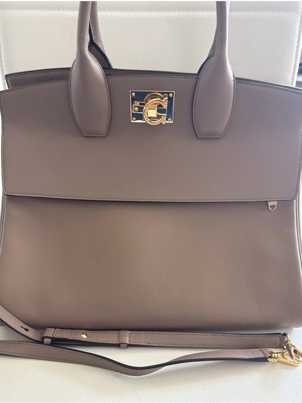 Salvatore Ferragamo Biege Leather Studio Top Handle Bag Gold Hardware